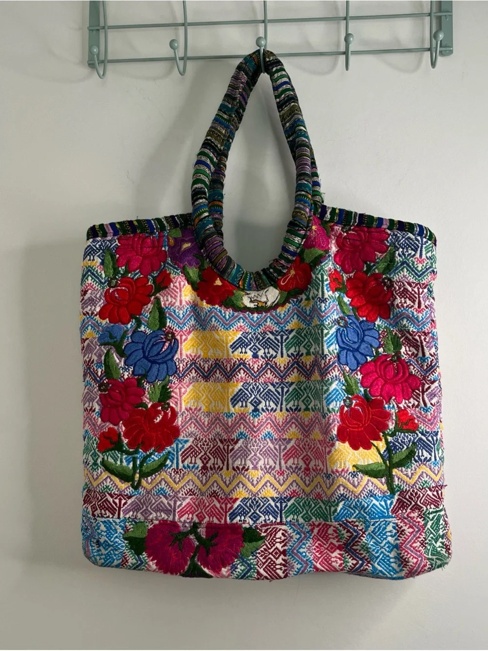 Floral Embroidered Huipil Shoulder Tote Bag Multi Color Boho Hippie Festival